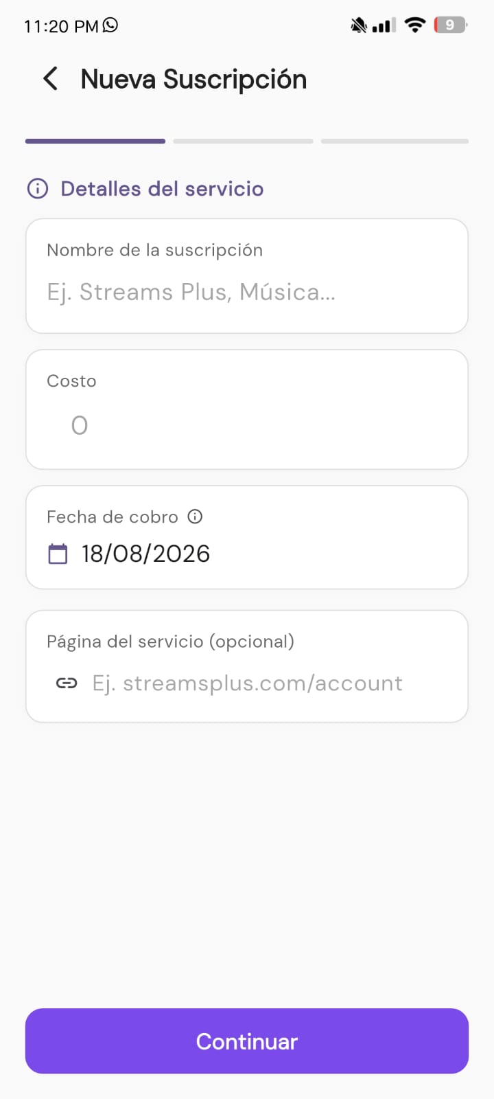 Pantalla para agregar una suscripción en Supo